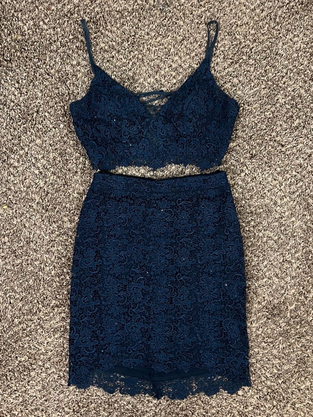 Alyce Paris Navy Lace Two-Piece Skirt Set Dance Party Homecoming Event Prom